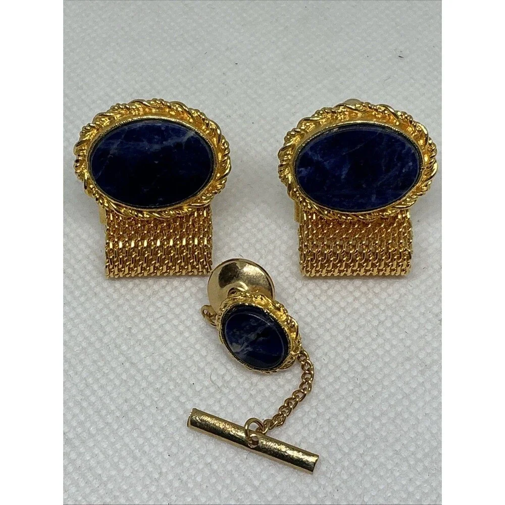Vintage Retro Gold Tone Blue Stone Oval Mesh Wrap Around Cufflinks With Tie Tack